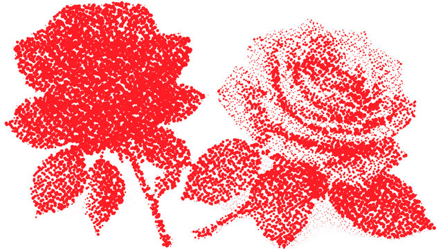Halftone stipple roses in retro grunge style with dotted transparent effect