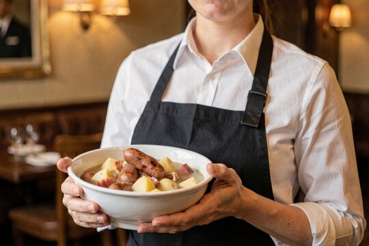Waitress in black apron, white shirt serves coddle with sausage, bacon, potato. Cozy restaurant atmosphere highlights broth, stew, and warm lighting. Concept of dining experience.