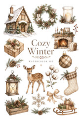 Obraz premium Cozy winter holiday PNG collage with rustic cabin wreath deer lanterns transparent background