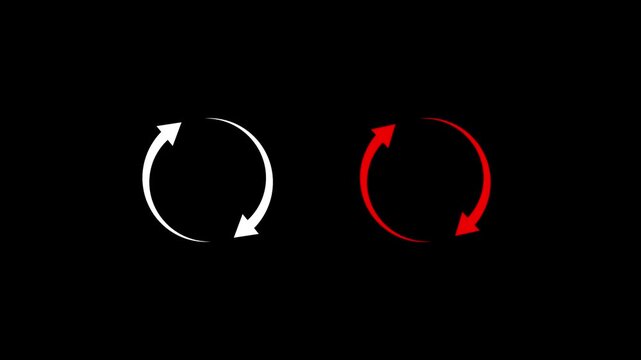Animated white circular arrow icon on a black background, and black circular arrow icon on white background