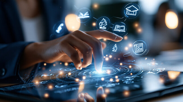 Hand touching a glowing digital screen with abstract education icons close up with face out of frame bright clean office background soft even lighting bright continuing education