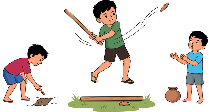 Rural South Asian boys playing traditional Danguli or Gilli Danda street game with wooden sticks vector illustration collection isolated on white background