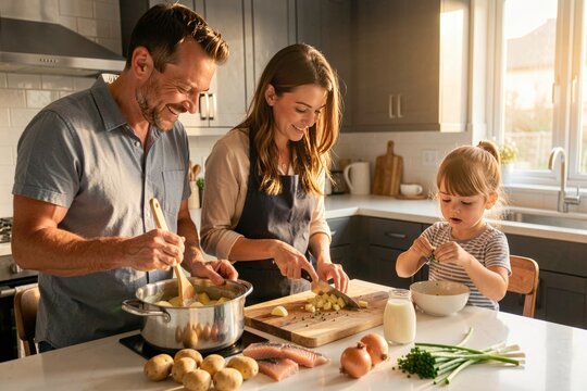Family preparing Cullen Skink together in modern kitchen. Man stirring pot, woman with bowl, little girl smiling. Concept of cooking smoked haddock soup with potatoes cream.