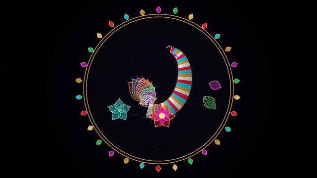 An intricate abstract golden embroidered swan shape centered within a glowing circular neon border against a dark textured background, surrounded by colorful decorative leaf symbols