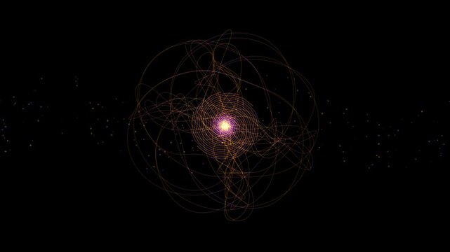 A complex holographic gyroscopic energy vortex rotating in a dark space, featuring glowing concentric wireframe rings and a bright pulsing center star radiating pink and orange light