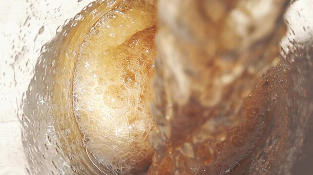 Beer Pouring into Glass with Foam, Extreme Close Up