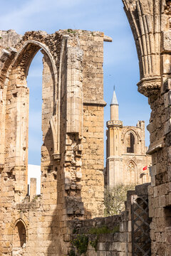 Lala Mustafa Pasha Mosque (former Saint Nicholas Cathedral)  behind St. Francis Church ruins in Famagusta (Gazimagusa), Northern Cyprus