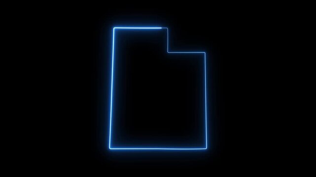 Glowing neon outline map of utah state, animated blue light border on black background