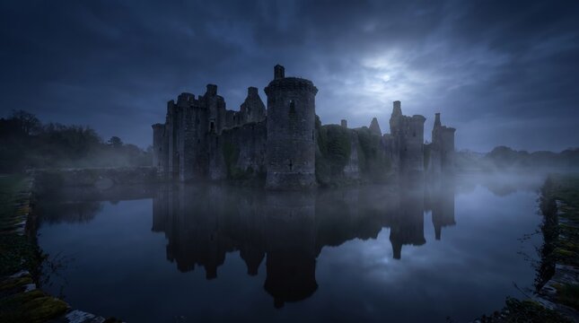 Medieval castle reflected in misty moat at twilight