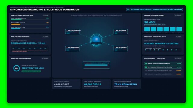 AI Cloud Compute Workload Balancing and Multi Node Cluster Dashboard Animation on Green Screen