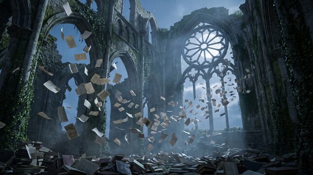 Documents scatter through Gothic cathedral ruins with flying pages