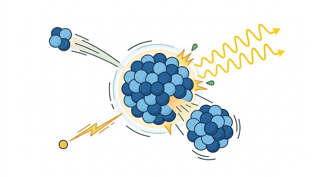 Nuclear Fission Process Showing an Atomic Nucleus Splitting and Emitting Radiation Energy Waves &ndash; Chemistry Illustration