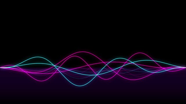 Abstract neon audio wave spectrum with glowing pink and blue sinusoidal lines undulating horizontally across a dark background, representing sound frequencies and musical rhythm
