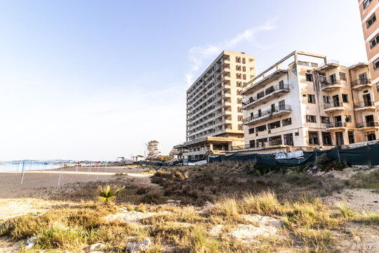 Beach and abandoned hotels in Varosha ghost town, Cyprus