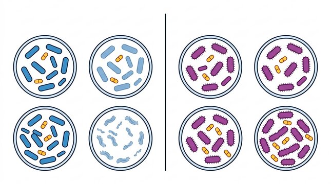 Process of Antibiotic Resistance Where Surviving Bacteria Multiply in Petri Dishes After Drug Exposure &ndash; Scientific Diagram Illustration