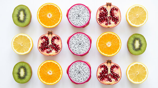 Exotic fruit slices grid pattern on white background, top view