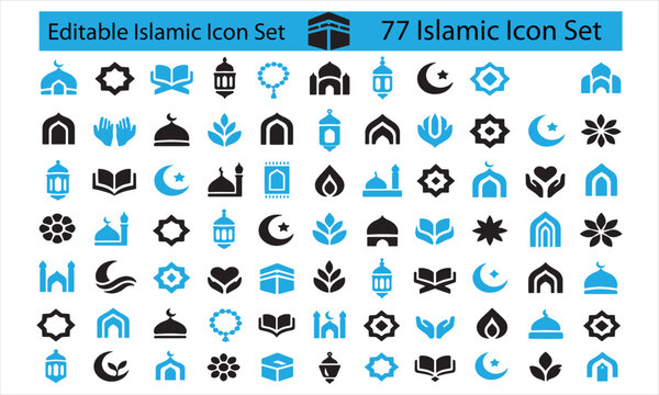 Set of 77 editable islamic icons including mosques lanterns and crescent moons