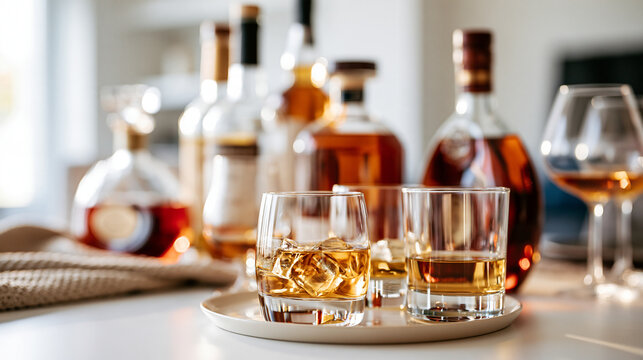 Bottles and glasses of whisky spirit brandy and cognac arranged for a tasting at home bright clean table setting soft even lighting bright whiskey tasting home tasting spirits