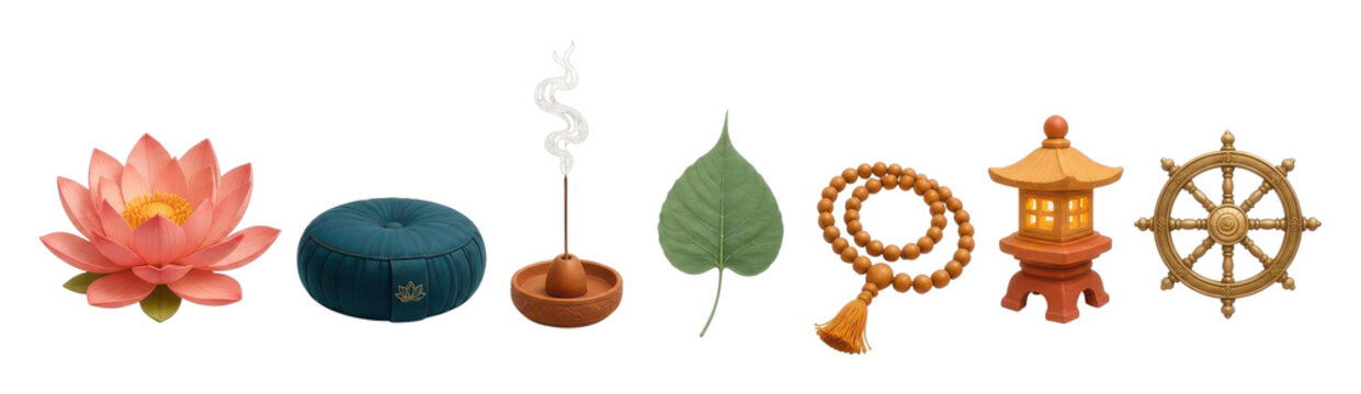 PNG cutout set of lotus flower, cushion, incense, leaf, prayer beads, lantern, wheel on transparent background