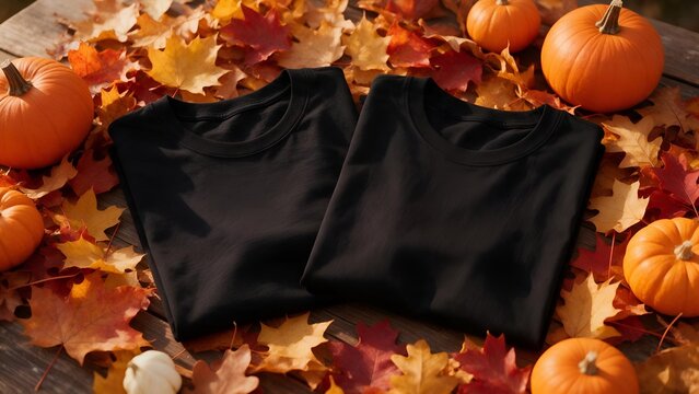 Two blank black tshirts laying flat on a rustic wooden table surrounded by vibrant autumn maple leaves and several small decorative pumpkins for seasonal display