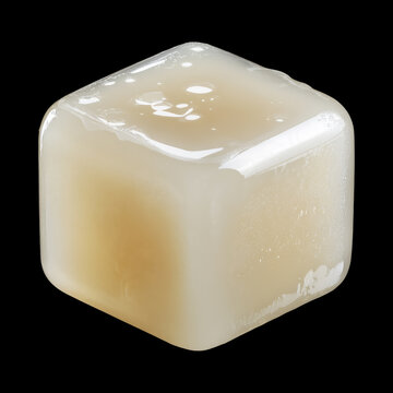 Milky ice jelly cube isolated on black background with clipping path, concept of dairy freshness and natural food quality