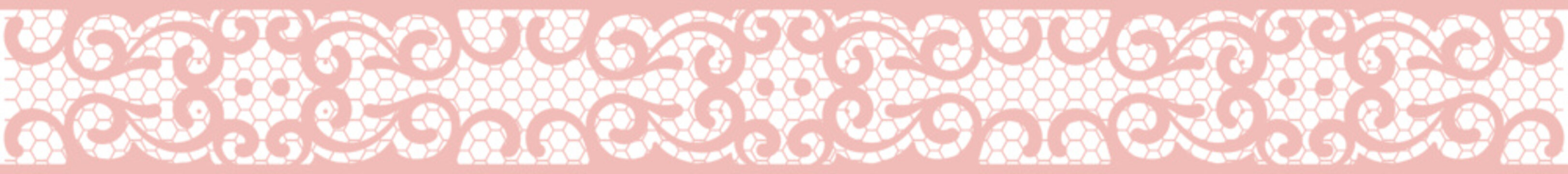 A decorative seamless pink lace border features intricate swirling floral ornaments layered over a delicate hexagonal honeycomb pattern.