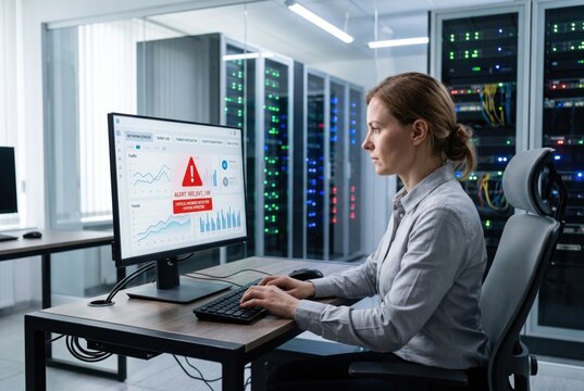 IT technician monitoring critical server alert on monitor