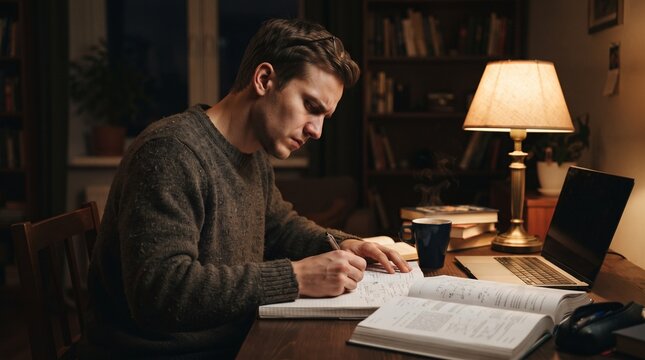 Young man studying at desk with laptop and books at night.