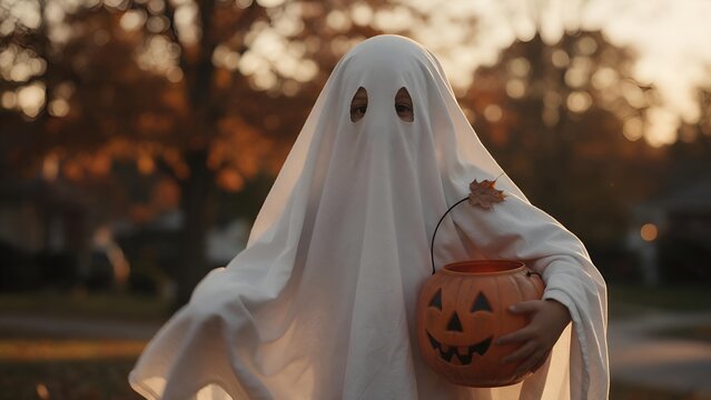 Small child wearing white bedsheet ghost costume holding an orange plastic pumpkin bucket during sunset outdoors for fun halloween trick or treat festive holiday event