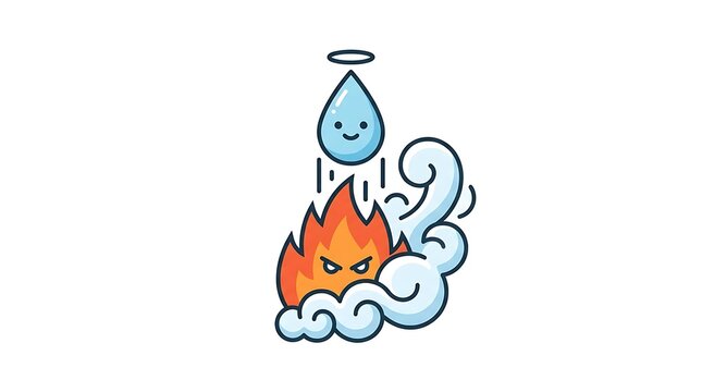 Cartoon water drop extinguishing fire flame with transparent background