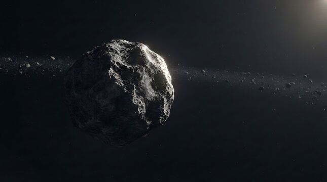 A massive astroid belt glowing in the deep dark space with rocky space debris and distant stars in the background