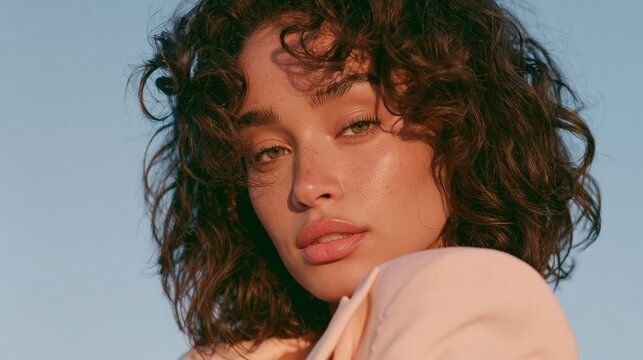 Curly brown hair woman gazing softly at camera against clear blue sky