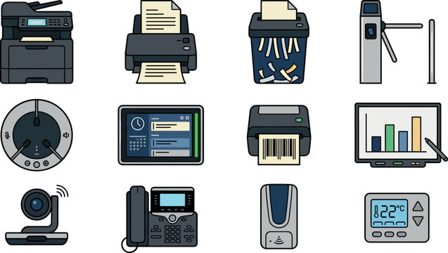 Modern office hardware vector icon set featuring printer paper shredder turnstile security camera telephone conference speaker barcode label maker and digital business equipment