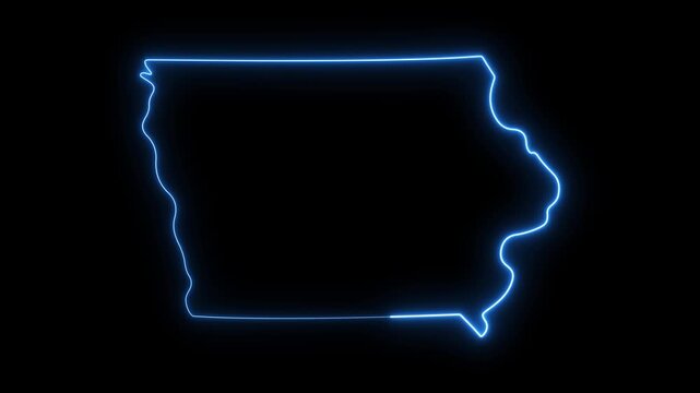 Glowing neon outline map of iowa state, blue light stroke animation on black background