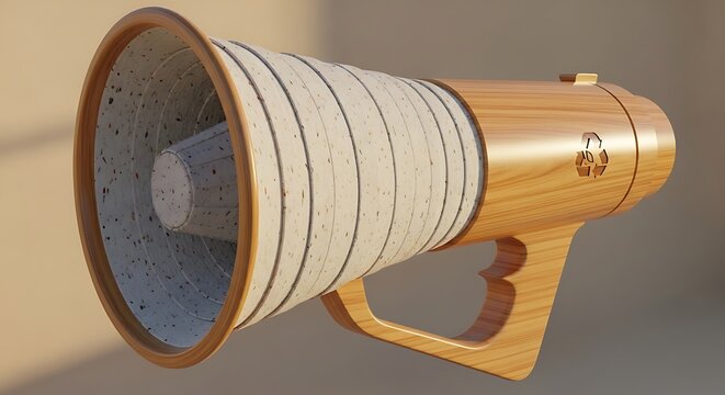 Eco-friendly megaphone held by a person in a natural outdoor setting with copy space