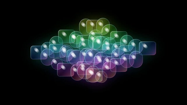 An abstract arrangement of translucent rounded rectangular shapes in rainbow colors overlaps against a dark background, creating a glowing architectural prismatic glass structure pattern