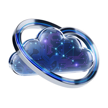 3D cloud computing infinity sign with glowing circuit lines and network data isolated on white background
