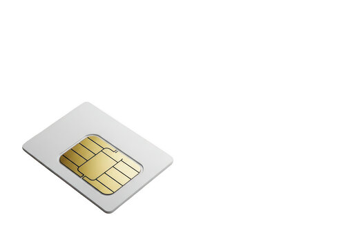 Small mobile phone sim card with gold chip isolated on transparent background