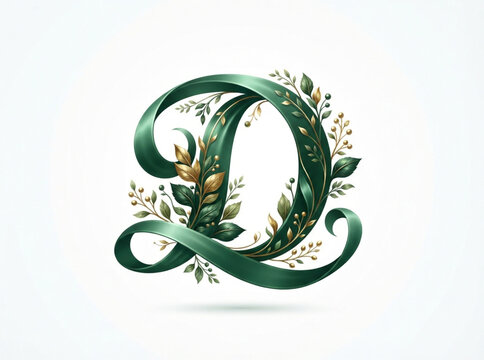 Elegant Floral Letter D Vector. Green Foliage Monogram Letter D. Ornamental Leaf Letter D Monogram. Elegant Botanical Green Letter D