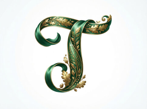 Elegant Floral Letter T Vector. Green Foliage Monogram Letter T. Ornamental Leaf Letter T Monogram. Elegant Botanical Green Letter T
