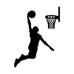 Basketball Player Silhouette Jumping for One Hand Slam Dunk with Basketball Hoop © CHOICE20