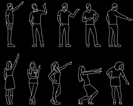 People pointing gesture man and woman, line art, silhouette, architectural plan, blueprint, human, editable stroke, vector, illustration