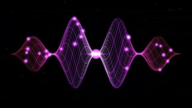 A complex quantum cyber waveform oscillating horizontally against a dark starfield, composed of glowing pink and purple particle nodes forming an intricate intersecting harmonic frequency mesh