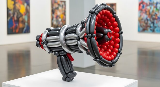 3D printed megaphone sculpture displayed in art gallery setting with neutral background