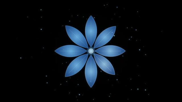 Abstract glowing blue flower shape with eight petals on a dark starry background, digital art illustration of a cosmic floral design