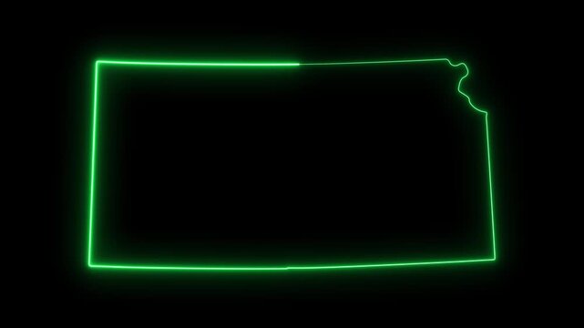 Kansas state map outline with glowing neon green border animation on black background