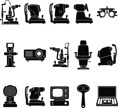 Ophthalmology Equipment Silhouette Icon Set Featuring Phoropter Slit Lamp Refractometer and Eye Exam ToolsOphthalmology Equipment Silhouette Icon Set Featuring Phoropter Slit Lamp 