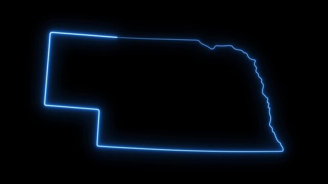 Nebraska state map outline with glowing neon blue light effect on black background