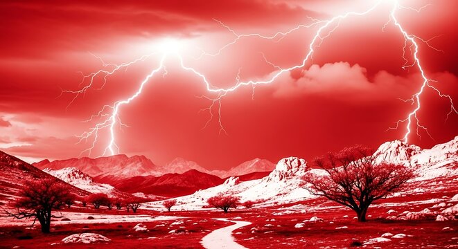 Dramatic lightning storm over landscape with trees and mountains in red tones