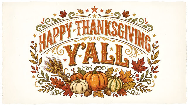 Happy thanksgiving yall vintage lettering banner with autumn pumpkins and leaves